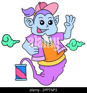 An old genie came out of a drink can with a smiling face, doodle icon image kawaii Stock Vector