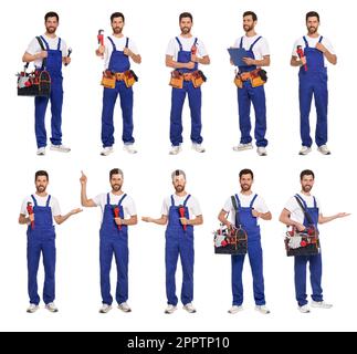 Collage with photos of professional plumber on white background Stock Photo