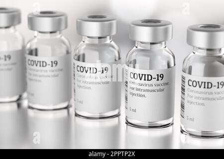 Row of COVID-19 vials vaccine. Vaccination campaign concept. 3D rendering illustration Stock Photo