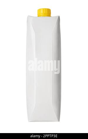Blank white juice or milk box carton container package isolated on white background. Stock Photo
