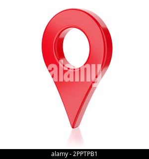 Red glossy map geo tag pin isolated on white background. 3d rendering illustration. Stock Photo