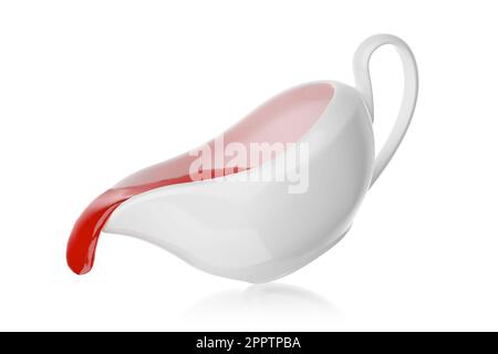 Sauce boat with ketchup pouring isolated on white background. 3D rendering illustration. Stock Photo