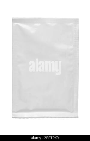 White blank paper sachet packet isolated on white background. Mock-up template for design. Stock Photo