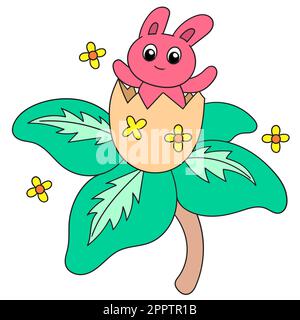 rabbits playing around in big flowers, doodle icon image kawaii Stock Vector