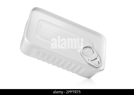 Tin can for sardines isolated on white background. 3D rendering illustration. Stock Photo