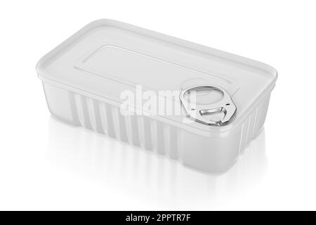 Rectangular tin can for sardines isolated on white background. 3D rendering illustration. Stock Photo