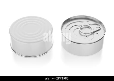 Two tin cans, product design mock-up. Isolated on white background. 3D rendering illustration. Stock Photo