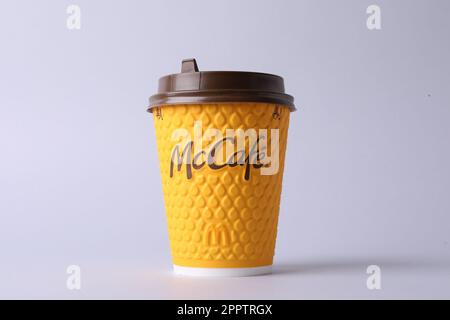 MYKOLAIV, UKRAINE - AUGUST 12, 2021: Hot McDonald's drink on light background Stock Photo