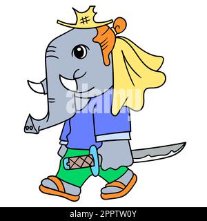 elephant samurai warrior carrying katana sword ready to fight, doodle icon image kawaii Stock Vector