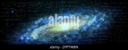 Illustration of basic physics and mathematics formulas and galaxy in universe. Banner design Stock Photo