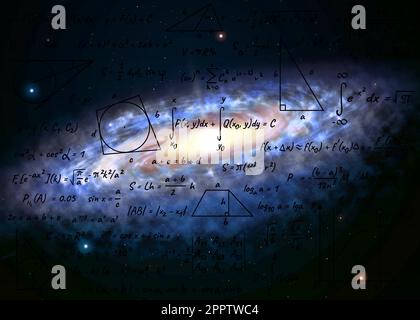 Illustration of basic physics and mathematics formulas and galaxy in universe Stock Photo