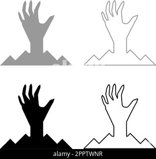 Scary human hand from ground silhouette dead man's Halloween decorative element zombie concept spooky clawed paw sharp nails bony arm fingers man undead set icon grey black color vector illustration image solid fill outline contour line thin flat style Stock Vector