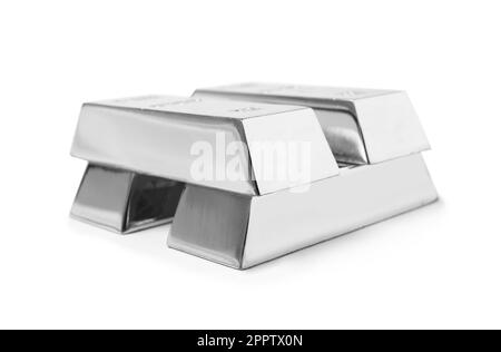 Many shining silver bars isolated on white Stock Photo