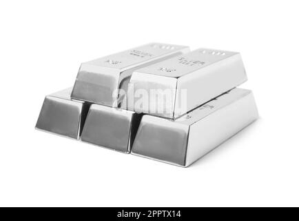 Stack of shining silver bars isolated on white Stock Photo