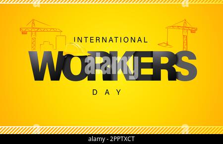 International Workers Day lettering with construction crane. Vector typography illustration for Labour Day with yellow helmet Stock Vector