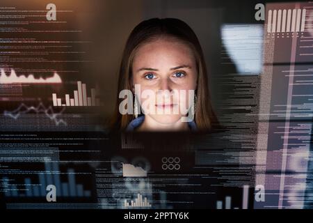 Woman, face and futuristic with data analytics, coding and digital overlay, stock market dashboard and technology abstract. Trading, IT and fintech Stock Photo