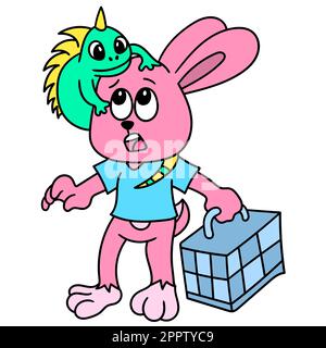 a rabbit playing with her pet chameleon, doodle icon image kawaii Stock Vector