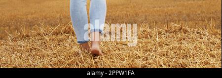 barefoot girl with sneakers and cardboard cup with coffee in hand standing in the agricultural field with haystack and bales after harvesting. Stock Photo