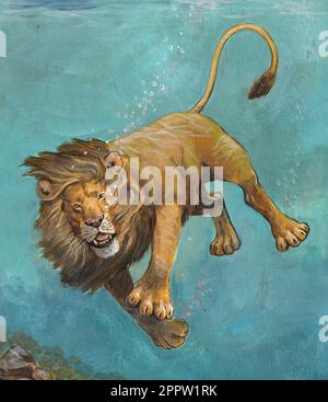 Swimming lion. Handmade illustration with big African cat. Stock Photo