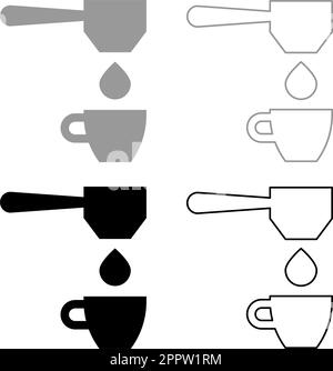 Coffee drop in cup filtering cuping portafilter drip set icon grey black color vector illustration image solid fill outline contour line thin flat style Stock Vector