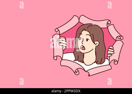 Shocked woman peeks out of hole in torn paper and looks away after seeing unexpected discount Stock Vector