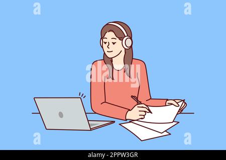 Woman with laptop sits at table and watches training webinar for gaining new skills Stock Vector