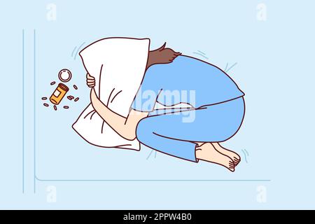 Depressed woman suffering from overdose of antidepressants covers head with pillow Stock Vector