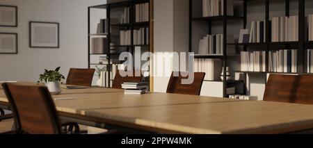 Close-up image of a wooden meeting table in modern contemporary meeting room. 3d render, 3d illustration Stock Photo