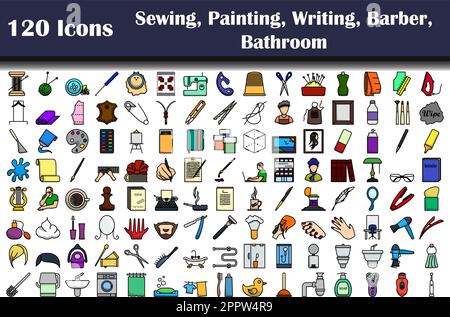 120 Icons Of Sewing, Painting, Writing, Barber, Bathroom Stock Vector