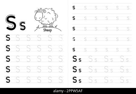 ABC Alphabets Tracing Book Interior For Kids. Children Writing Worksheet With Picture. Premium Vector Elements Letter S. Stock Vector