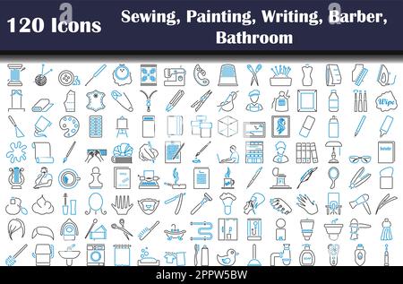 120 Icons Of Sewing, Painting, Writing, Barber, Bathroom Stock Vector
