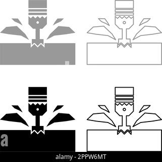 CNC milling machine material metalworking cutter plunger metalwork industry lathe plunge power tool technology tooling carving shavings set icon grey black color vector illustration image solid fill outline contour line thin flat style Stock Vector