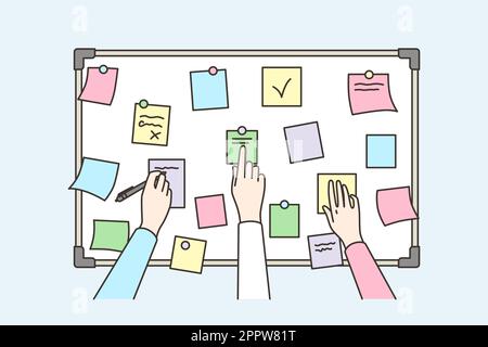 Colleagues brainstorm using sticky notes on board Stock Vector