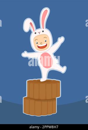 cute kid in rabbit costume on mid autumn festival mooncake Stock Vector