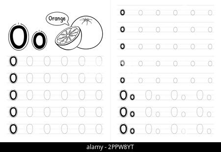 ABC Alphabets Tracing Book Interior For Kids. Children Writing Worksheet With Picture. Premium Vector Elements Letter O. Stock Vector