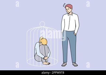 Man lock sad woman in cage Stock Vector