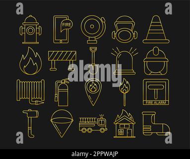gold firefighter icons isolate on black background Stock Vector
