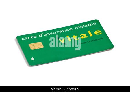 Studio shot of a Carte Vitale on white background. It is the health insurance card of the national health care system in France. Stock Photo