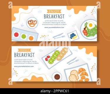 Breakfasts Horizontal Banner Template Flat Cartoon Background Vector Illustration Stock Vector
