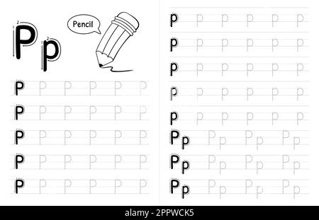 ABC Alphabets Tracing Book Interior For Kids. Children Writing Worksheet With Picture. Premium Vector Elements Letter P. Stock Vector