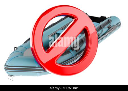 Inflatable boat with forbidden symbol, 3D rendering isolated on white background Stock Photo