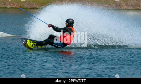 Water skiing. Wakeboarding. Europe. Ukraine. Kharkiv. Stock Photo