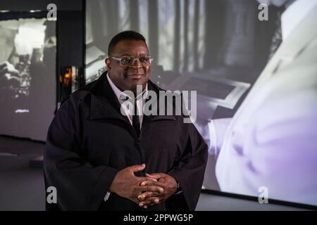 London, UK.  25 April 2023. Sir Isaac Julien at the preview of ‘Isaac Julien: What Freedom is to Me’, a retrospective exhibition at Tate Britain celebrating the influential British artist and filmmaker's work.  A selection of Julien’s ground-breaking early films, examples of immersive three-screen videos made for the gallery setting, and several of the sculptural multi-screen installations for which he is renowned today are on show 26 April to 20 August 2023.  Credit: Stephen Chung / Alamy Live News Stock Photo