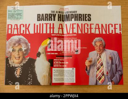 Theatre program for Barry Humphries in 'Back with a Vengeance' at the Strand Theatre, London, December 1987. Centre pages with Dame Edna and Sir Les. Stock Photo