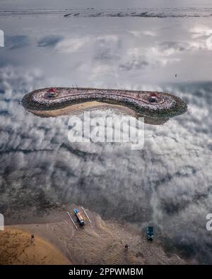 Aerial view of twin gazebos on Pantai Karang, Sanur, Bali, Indonesia Stock Photo