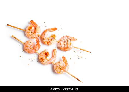 Grilled Shrimp Skewers isolated on white background. Fried spicy prawn seafood on sticks, design element. Stock Photo