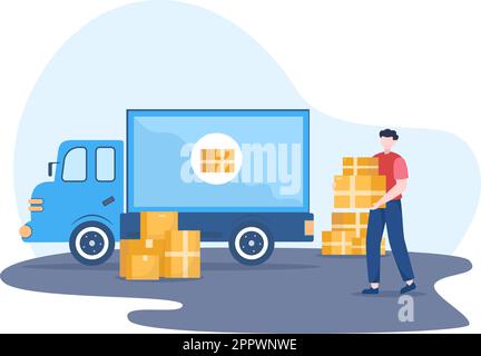 Trucking Transportation Cartoon Illustration with Cargo Delivery Services or Cardboard Box Sent to the Consumer in Flat Style Design Stock Vector