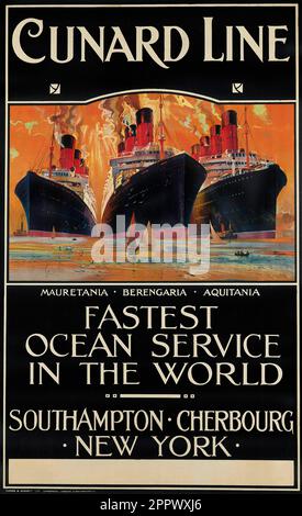 Cunard line, Mauretania, Berengaria, Aquitania Travel Poster Fastest Ocean Service in the world by Cunard Publication date 1914 Stock Photo