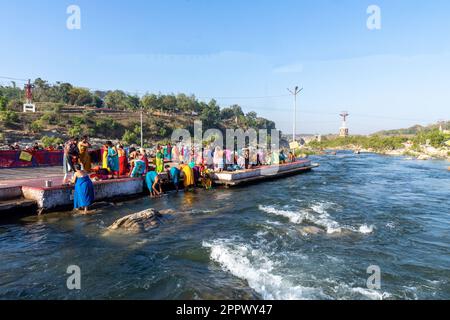 People bathing, Dhuandhar Waterfall, Narmada River, Bhedaghat, Jabalpur, Madhya Pradesh, India, Indian destinations Stock Photo