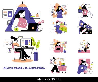 set of people in black friday illustration Stock Vector